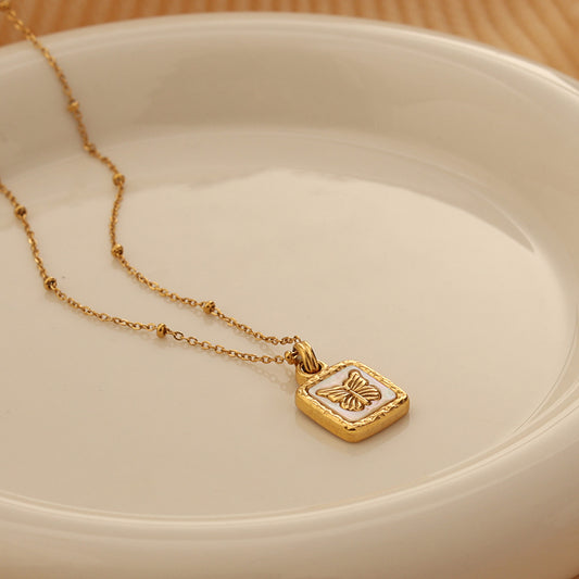 French high-end butterfly shell square pendant necklace